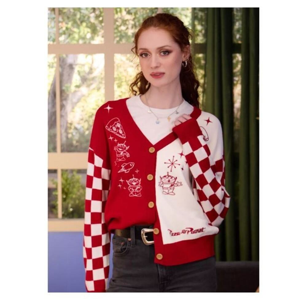 Disney Pixar Toy Story Pizza Planet Womens Checkered Cardigan Sweater Large L